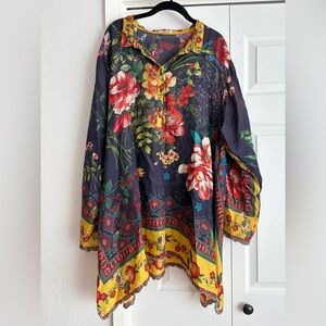 Johnny Was (Flawed) stunning floral silk scallop trim blouse top